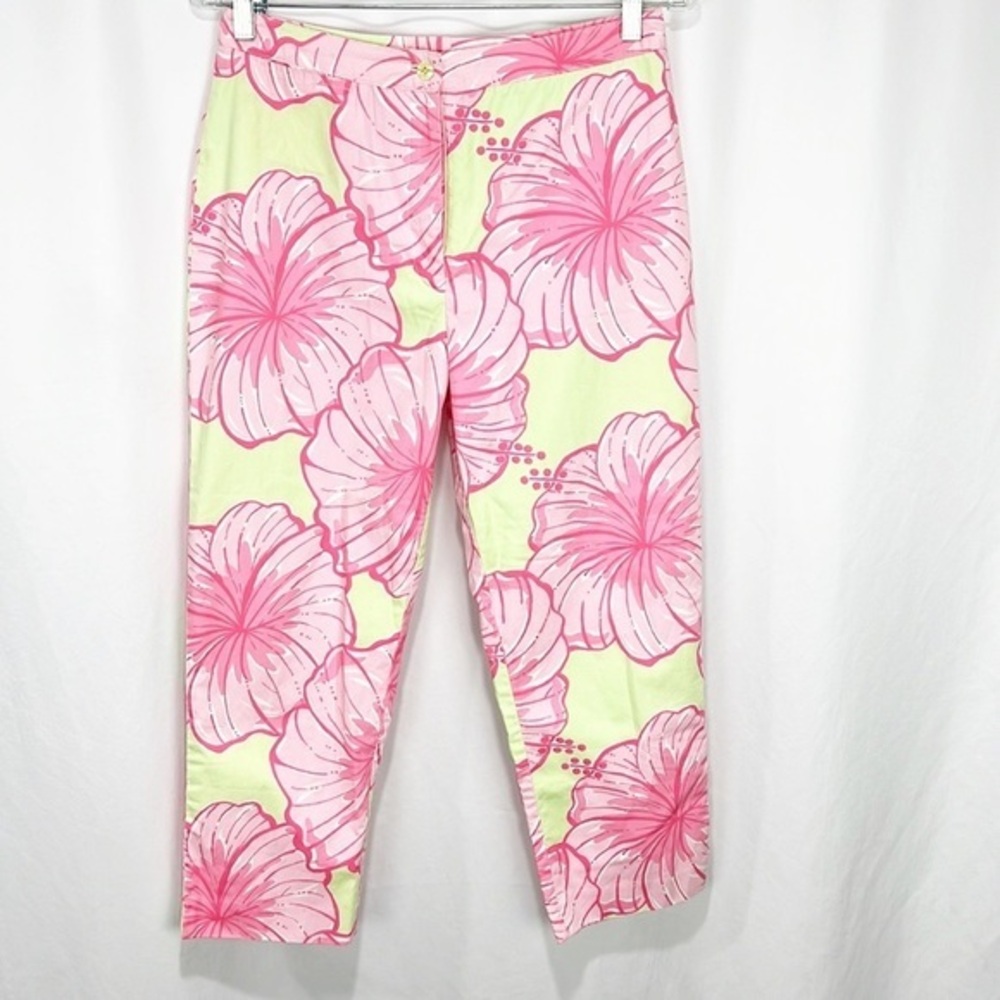 LILLY Pulitzer White Label Hibiscus Flower Floral Ankle Pants Pink Green Size 6